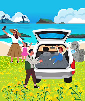 전신 구름 여자 남자 어린이 바다 여행 일러스트 자동차 휴식 서기 들기 앉기 소녀 소년 여러명 성인 해변 스마트폰 제주도 만세 캠핑 매트 셀프카메라 돌하르방 유채 차박 국내일러스트 AI파일 자연요소 꽃 육상교통 다수 컨셉 모션 레저 한국 사람 핸드폰 스마트기기 사진촬영 파일형식 벡터