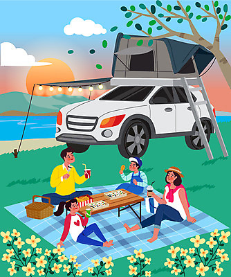 전신 나무 구름 모자 여자 남자 딸 아들 음료 어린이 일러스트 자동차 엄마 휴식 들기 앉기 소녀 소년 여러명 성인 초록색 강 태양 노을 치킨 캠핑 아빠 돗자리 김밥 도시락 소풍바구니 차박 국내일러스트 자연요소 식물 잡화 음식 육상교통 컬러 다수 컨셉 가족 모션 레저 사람 바구니 닭고기요리