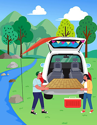 전신 나무 구름 커플 여자 남자 일러스트 자동차 휴식 서기 들기 성인 두명 강 캠핑 매트 숲 가랜드 성인만 차박 국내일러스트 AI파일 자연요소 식물 육상교통 컨셉 관계 모션 레저 사람 파티용품 파일형식 벡터