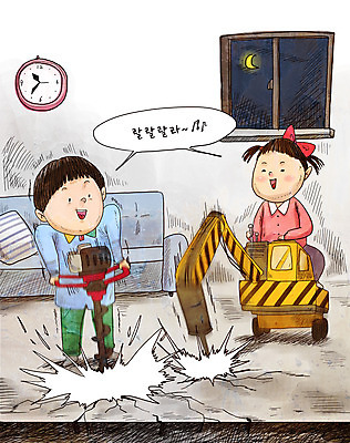 전신 PSD 여자 남자 어린이 시계 일러스트 창문 주택 소녀 소년 두명 소파 피해 손상 야간 포크레인 드릴 즐거움 방바닥 층간소음 어린이만 국내일러스트 자연요소 감정 컨셉 의자 바닥 사람 건물 공구 중장비 소음 파일형식