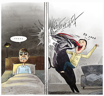 전신 PSD 한마리 남자 일러스트 베개 전등 스트레스 주택 피곤 상반신 성인 두명 소파 피해 이불 침대 즐거움 괴로움 소음 딱다구리 층간소음 성인남자만 국내일러스트 1 감정 가구 컨셉 의자 침구 조명 사람 건물 소리 남자만 성인만 파일형식