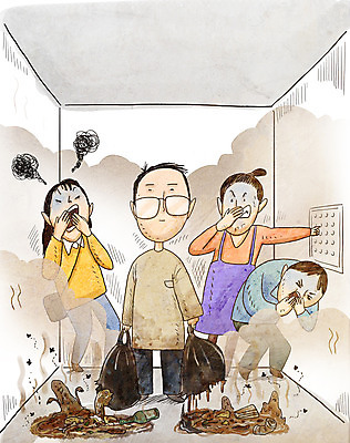 전신 PSD 여자 남자 일러스트 술병 스트레스 서기 들기 여러명 성인 피해 가림 쓰레기 폭발 엘리베이터 분리수거 파리_곤충 악취 쓰레기봉투 음식물쓰레기 주민 성인만 국내일러스트 다수 곤충 모션 병_용기 봉투 주류 사람 냄새 파일형식