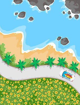 PSD 도로 바다 일러스트 자동차 해바라기 사람없음 초록색 파란색 여름휴가 바캉스 야자수 드라이브 바위 서핑보드 계절백그라운드 국내일러스트 나무 꽃 길 육상교통 컬러 백그라운드 교통시설 휴가 운전 돌_바위 보드_스포츠 파일형식 여름_계절