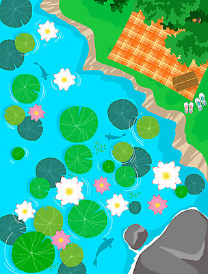 PSD 하늘색 신발 일러스트 나뭇잎 연꽃 어류 사람없음 여름휴가 바캉스 바위 연못 연잎 돗자리 계절백그라운드 소풍바구니 국내일러스트 꽃 백그라운드 잎 휴가 파란색 바구니 수중동물 돌_바위 파일형식 여름_계절