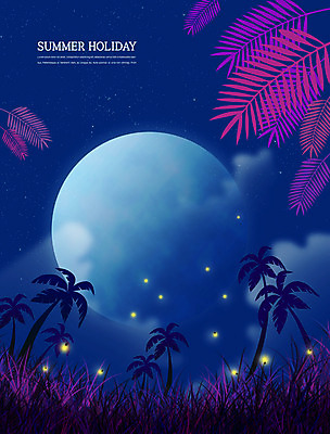 PSD 구름 일러스트 사람없음 여름휴가 바캉스 야자수 달 야간 남색 휴양지 계절백그라운드 반딧불이 열대잎 국내일러스트 자연요소 나무 컬러 곤충 백그라운드 잎 휴가 장소 파일형식 여름_계절