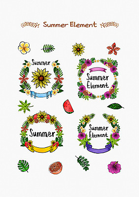 PSD 리본 일러스트 나뭇잎 해바라기 여름음식 수박 프레임 타이포그라피 사람없음 여름 자몽 엘리먼트 열대꽃 열대잎 제철과일 국내일러스트 문자 계절 꽃 음식 잎 과일 제철 파일형식 여름_계절
