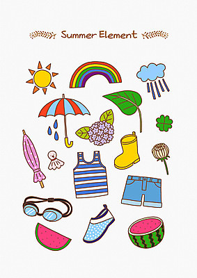 PSD 구름 꽃 무지개 일러스트 우산 반바지 나뭇잎 여름음식 수박 장화 사람없음 여름 민소매 태양 물방울 비 네잎클로버 물안경 수국 엘리먼트 제철과일 국내일러스트 자연요소 식물 계절 음식 신발 상의 잎 과일 바지 날씨 클로버 수영용품 제철 파일형식 여름_계절