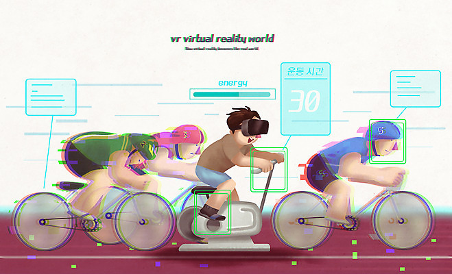 전신 PSD 남자 일러스트 미래 여러명 성인 운동 자전거 게임 체험 승차 사이클선수 사이클링 가상공간 홀로그램 가상현실 성인남자만 VR기기 국내일러스트 다수 컨셉 모션 놀이 운동선수 건강 사람 바이크 기계 육상스포츠 남자만 성인만 파일형식