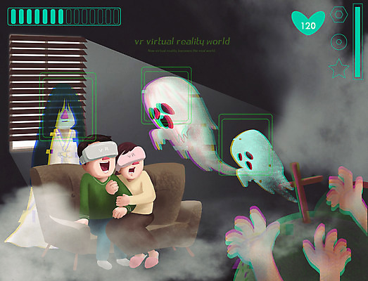 전신 PSD 손 커플 여자 남자 일러스트 미래 앉기 성인 두명 신체부위 소파 팔짱 검은색 무덤 블라인드 체험 연기 유령 처녀귀신 무서움 공포 가상공간 홀로그램 가상현실 성인만 담력훈련 VR기기 국내일러스트 감정 컬러 컨셉 의자 관계 모션 사람 기계 커튼 파일형식