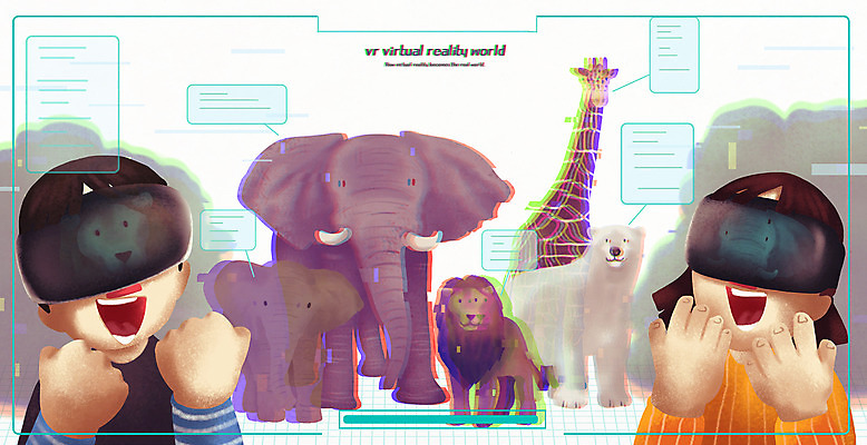 PSD 여자 남자 어린이 여러마리 일러스트 미래 코끼리 동물원 소녀 소년 상반신 두명 체험 사자 기린 즐거움 북극곰 가상공간 홀로그램 가상현실 어린이만 VR기기 국내일러스트 감정 다수 컨셉 곰 포유류 사람 기계 파일형식