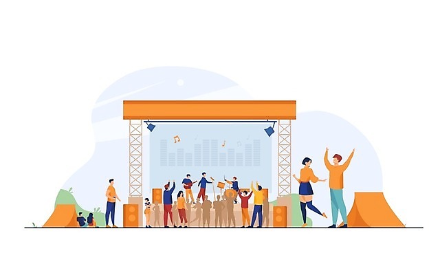 EPS 해외이미지 전신 여자 남자 일러스트 서기 들기 앉기 여러명 성인 콘서트 공연 만세 모임 무대 기타 춤 드럼 성인만 해외일러스트 다수 모션 현악기 문화예술 타악기 사람 이벤트 파일형식 벡터