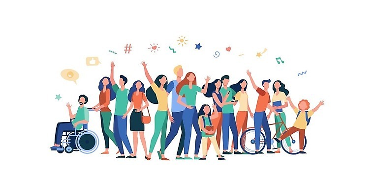 EPS 해외이미지 전신 여자 남자 어린이 말풍선 일러스트 서기 앉기 소년 여러명 성인 자전거 만세 모임 휠체어 손인사 해외일러스트 다수 모션 사람 바이크 인사 파일형식 벡터