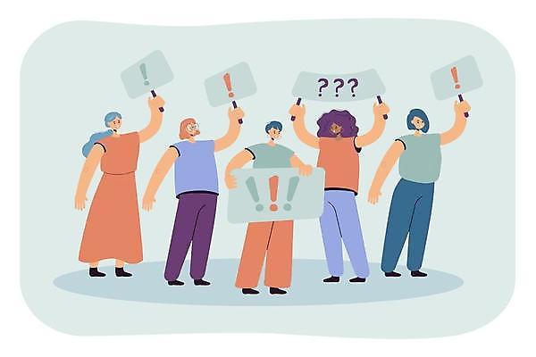 EPS 해외이미지 전신 백인 여자 흑인 일러스트 서기 들기 여러명 성인 팻말 모임 물음표 느낌표 시위 민트색 성인여자만 해외일러스트 서양인 기호 컬러 다수 모션 프레임 사람 여자만 성인만 파일형식 벡터