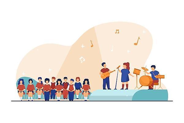 EPS 해외이미지 전신 여자 남자 어린이 음표 일러스트 서기 들기 앉기 여러명 공연 모임 무대 기타 마이크 드럼 연주회 학예회 해외일러스트 기호 음악 음향기기 다수 모션 현악기 타악기 사람 이벤트 음악회 발표회 파일형식 벡터