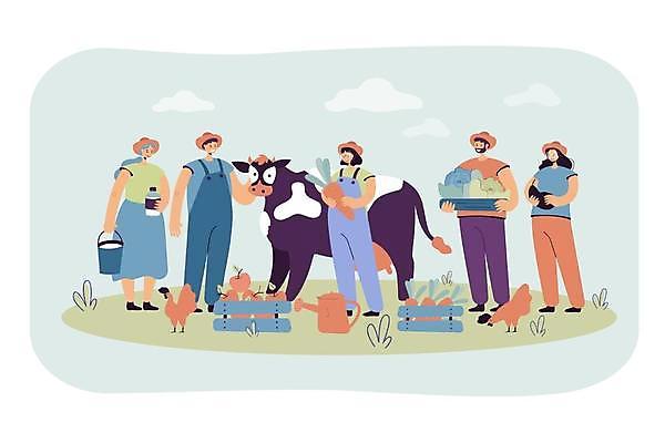 EPS 해외이미지 전신 구름 여자 남자 일러스트 세마리 서기 들기 여러명 성인 농장 바구니 모임 닭 사과 농부 젖소 밀짚모자 해외일러스트 자연요소 직업 모자_잡화 다수 농업 과일 모션 조류 3 사람 소 파일형식 벡터