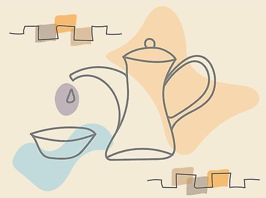 EPS 해외이미지 라인일러스트 일러스트 사람없음 찻잔 찻주전자 라인아트 베이지색 미니멀 해외일러스트 선 컬러 주전자 잔 파일형식 벡터