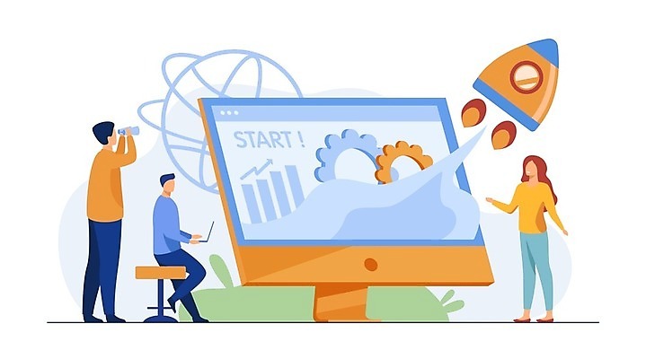 EPS 해외이미지 전신 여자 남자 일러스트 비즈니스 서기 들기 앉기 성인 세명 노트북 모니터 로켓 비즈니스맨 비즈니스우먼 톱니바퀴 성인만 해외일러스트 모션 사람 전자제품 컴퓨터 직장인 파일형식 벡터