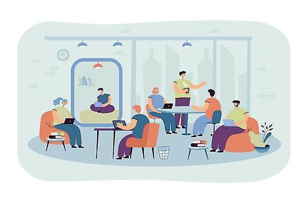 EPS 해외이미지 전신 여자 남자 커피 의자 일러스트 비즈니스 회의 서기 들기 앉기 여러명 성인 노트북 사무실 쓰레기통 비즈니스맨 비즈니스우먼 책상 성인만 해외일러스트 음료 가구 다수 모션 사람 전자제품 직장인 파일형식 벡터