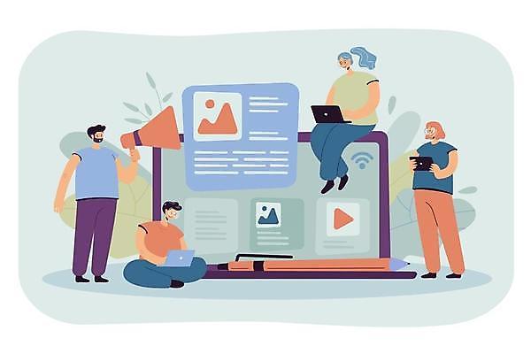 EPS 해외이미지 전신 여자 남자 일러스트 비즈니스 서기 들기 앉기 여러명 성인 노트북 태블릿 펜 확성기 비즈니스맨 비즈니스우먼 블로거 성인만 해외일러스트 다수 모션 사람 전자제품 스마트기기 필기구 직장인 파일형식 벡터