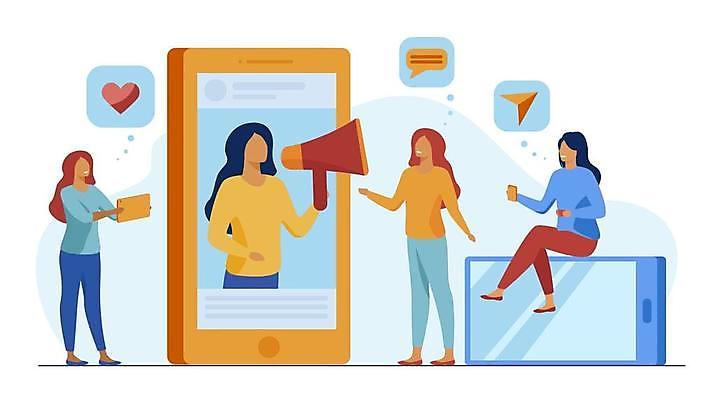 EPS 해외이미지 전신 여자 말풍선 일러스트 비즈니스 서기 들기 앉기 여러명 상반신 성인 스마트폰 태블릿 확성기 비즈니스우먼 성인여자만 해외일러스트 다수 모션 사람 전자제품 핸드폰 스마트기기 직장인 여자만 성인만 파일형식 벡터