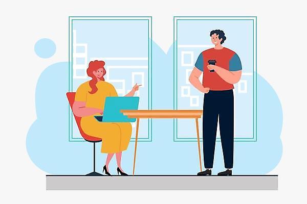 EPS 해외이미지 전신 여자 남자 의자 일러스트 비즈니스 들기 앉기 성인 두명 노트북 가리킴 비즈니스맨 비즈니스우먼 책상 테이크아웃컵 성인만 해외일러스트 가구 모션 사람 손짓 컵 전자제품 직장인 파일형식 벡터