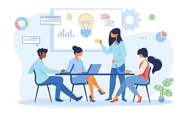 EPS 해외이미지 전신 여자 남자 의자 일러스트 비즈니스 전구 그래프 서기 들기 앉기 여러명 성인 다리꼬기 비즈니스맨 비즈니스우먼 발표 책상 톱니바퀴 성인만 해외일러스트 가구 다수 모션 사람 직장인 파일형식 벡터