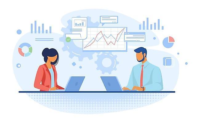 EPS 해외이미지 여자 남자 일러스트 비즈니스 그래프 상반신 성인 두명 노트북 비즈니스맨 비즈니스우먼 톱니바퀴 성인만 해외일러스트 사람 전자제품 직장인 파일형식 벡터