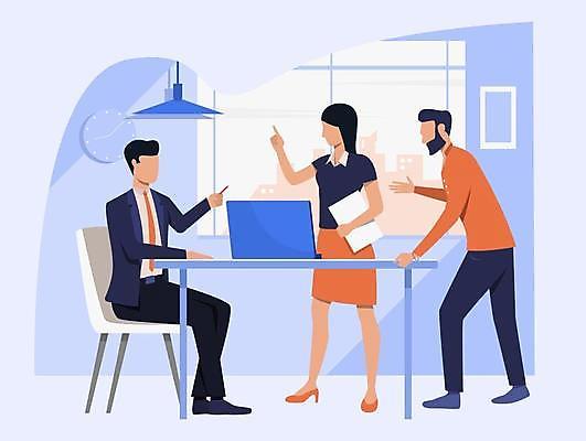 EPS 해외이미지 전신 여자 남자 종이 의자 일러스트 비즈니스 창문 회의 조명 서기 들기 앉기 성인 세명 비즈니스맨 비즈니스우먼 책상 성인만 해외일러스트 가구 모션 사람 직장인 파일형식 벡터