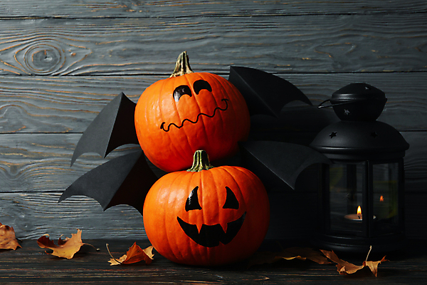 포토 JPG 해외이미지 낙엽 검은배경 실내 사람없음 장식 할로윈 랜턴 박쥐날개 잭오랜턴 해외포토 백그라운드 잎 날개 조명 내부 검은색 파일형식