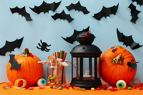 포토 JPG 해외이미지 유리병 디저트 실내 사람없음 장식 할로윈 가을 랜턴 파란배경 거미 박쥐 젤리 안구모형 잭오랜턴 해외포토 계절 음식 곤충 백그라운드 포유류 병_용기 조명 내부 파란색 모형 파일형식