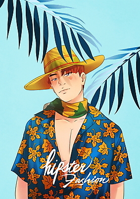 PSD 응시 패션 남자 하늘색 일러스트 한명 상반신 성인 타이포그라피 글자캘리그라피 스카프 비치모자 야자수잎 꽃무늬셔츠 하와이안 성인남자한명만 힙스터 국내일러스트 문자 모자_잡화 1 시선 셔츠 잎 캘리그라피 사람 파란색 목도리 남자한명만 성인남자만 파일형식