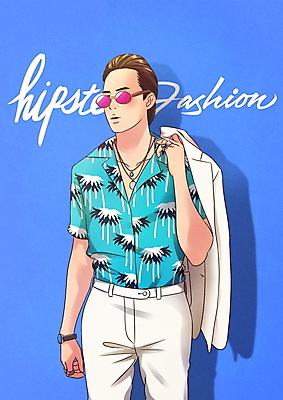 PSD 패션 남자 일러스트 목걸이 한명 들기 상반신 성인 타이포그라피 글자캘리그라피 파란색 선글라스 반지 꽃무늬셔츠 세미정장 하와이안 성인남자한명만 힙스터 국내일러스트 문자 1 안경 컬러 셔츠 장신구 캘리그라피 모션 사람 정장 남자한명만 성인남자만 파일형식