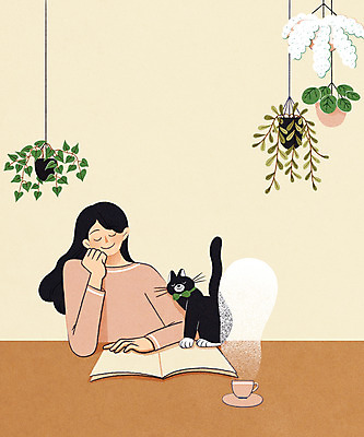 PSD 한마리 라이프스타일 여자 화분 일러스트 휴식 한명 상반신 성인 일상 독서 고양이 턱괴기 연기 찻잔 힐링 반려 베이지색 성인여자한명만 차분 국내일러스트 1 컬러 컨셉 포유류 모션 잔 사람 라이프 생활 반려동물 여자한명만 성인여자만 파일형식