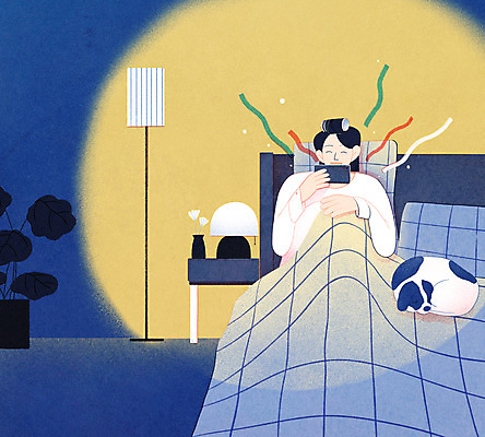 PSD 한마리 라이프스타일 여자 일러스트 휴식 한명 들기 상반신 성인 일상 빛 스마트폰 노란색 침실 침대 스탠드 강아지 야간 남색 즐거움 힐링 반려 성인여자한명만 국내일러스트 자연요소 1 감정 컬러 가구 컨셉 모션 조명 사람 라이프 생활 핸드폰 스마트기기 반려동물 개 여자한명만 성인여자만 파일형식