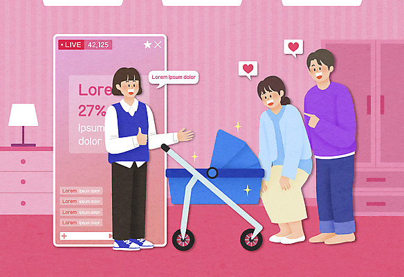 전신 PSD 여자 남자 분홍색 일러스트 신혼부부 모바일 성인 세명 스마트폰 가리킴 유모차 온라인쇼핑 모바일쇼핑 온라인 라이브 쇼호스트 성인만 숍스트리밍 라이브커머스 비대면쇼핑 스토어 국내일러스트 직업 부부 컬러 사람 손짓 핸드폰 스마트기기 쇼핑 아기용품 신혼 파일형식 언택트