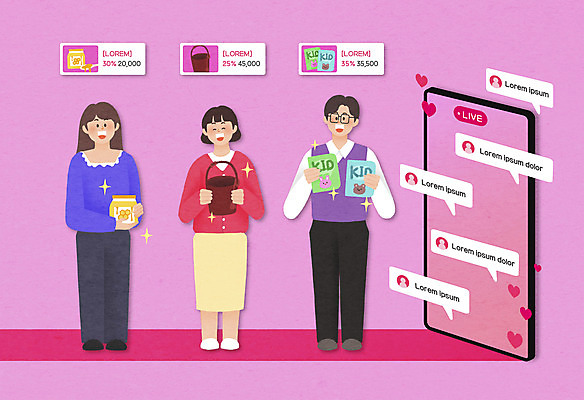 전신 PSD 여자 남자 분홍색 말풍선 일러스트 모바일 서기 들기 성인 세명 스마트폰 상품 온라인쇼핑 모바일쇼핑 온라인 라이브 쇼호스트 성인만 숍스트리밍 라이브커머스 비대면쇼핑 스토어 국내일러스트 직업 컬러 모션 사람 핸드폰 스마트기기 쇼핑 파일형식 언택트