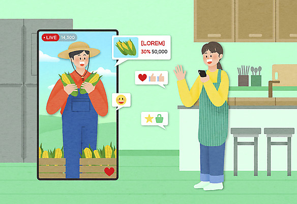 전신 PSD 여자 남자 말풍선 일러스트 모바일 옥수수 들기 성인 두명 연두색 스마트폰 주방 구매 농부 나무상자 주부 온라인쇼핑 모바일쇼핑 온라인 라이브 성인만 산지직송 숍스트리밍 라이브커머스 비대면쇼핑 스토어 로컬푸드 국내일러스트 직업 모션 곡류 사람 초록색 농산물 핸드폰 스마트기기 쇼핑 상자 파일형식 직송 언택트