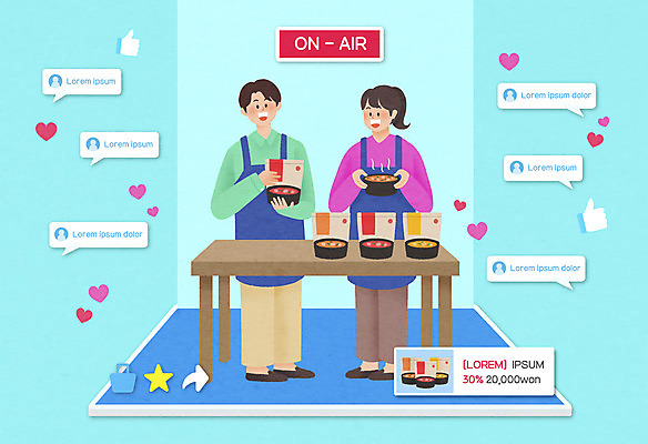 전신 PSD 여자 남자 하늘색 말풍선 일러스트 탁자 모바일 들기 성인 두명 뚝배기 온라인쇼핑 모바일쇼핑 온라인 라이브 방송중 쇼호스트 성인만 숍스트리밍 밀키트 라이브커머스 비대면쇼핑 스토어 국내일러스트 직업 가구 식재료 모션 사람 파란색 쇼핑 파일형식 언택트