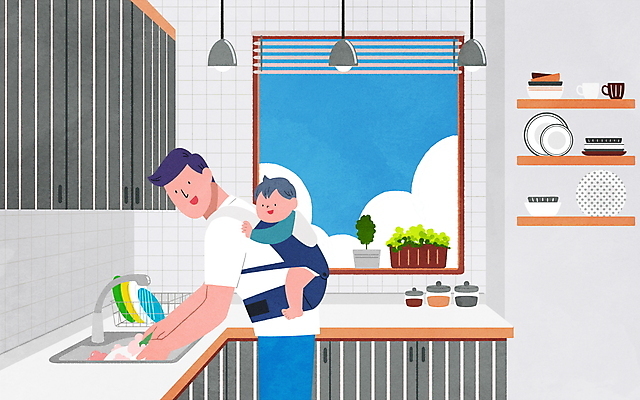 전신 PSD 남자 화분 일러스트 창문 전등 선반 상반신 성인 두명 주방 육아 아기 아빠 설거지 싱크대 업기 육아라이프 남자만 아기띠 남성육아휴직 육아대디 싱글대디 한부모가족 국내일러스트 라이프스타일 가구 가사 가족 모션 조명 사람 아기용품 개수대 파일형식 육아휴직