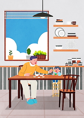 전신 PSD 그릇 남자 화분 의자 일러스트 창문 식탁 전등 선반 앉기 성인 두명 주방 식사 육아 아기 아빠 먹여주기 이유식 육아라이프 아기의자 남자만 남성육아휴직 육아대디 싱글대디 한부모가족 국내일러스트 라이프스타일 식기 음식 가구 가족 모션 탁자 조명 사람 먹기 파일형식 육아휴직