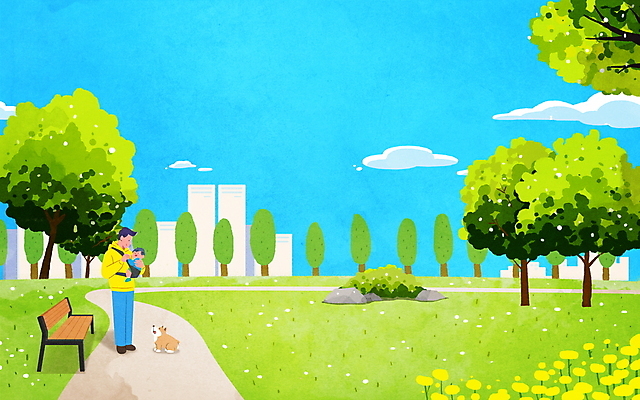 전신 PSD 나무 한마리 공원 남자 꽃 반려견 벤치 일러스트 하늘 서기 성인 두명 산책 산책로 육아 아기 아빠 육아라이프 반려 남자만 아기띠 육아대디 싱글대디 한부모가족 국내일러스트 식물 1 라이프스타일 공공시설 길 의자 가족 모션 휴식 사람 반려동물 아기용품 개 파일형식