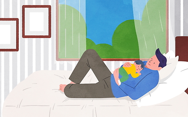 전신 PSD 남자 액자 일러스트 창문 베개 안기 성인 두명 눕기 침실 육아 침대 아기 잠 커튼 아빠 육아라이프 남자만 남성육아휴직 육아대디 싱글대디 한부모가족 국내일러스트 라이프스타일 가구 가족 침구 모션 사람 파일형식 육아휴직