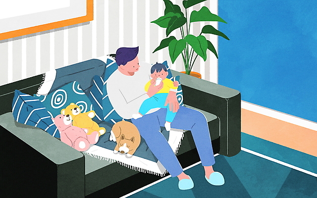 전신 PSD 한마리 남자 화분 반려견 거실 일러스트 창문 안기 들기 앉기 성인 두명 소파 곰인형 육아 아기 아빠 강아지 젖병 먹여주기 육아라이프 분유 반려 남자만 남성육아휴직 육아대디 싱글대디 한부모가족 국내일러스트 1 라이프스타일 인형 의자 가족 모션 사람 반려동물 아기용품 개 먹기 파일형식 육아휴직