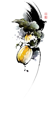 PSD 잎 일러스트 캘리그라피 붓터치 사람없음 여름 덩굴 동양화 번짐 참외 낙관 과채 국내일러스트 식물 계절 채소 과일 미술 파일형식 효과