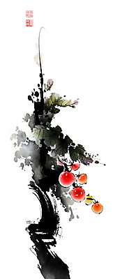 PSD 잎 토마토 일러스트 캘리그라피 방울토마토 붓터치 사람없음 여름 동양화 번짐 낙관 국내일러스트 식물 계절 채소 미술 파일형식 효과