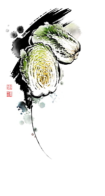 PSD 일러스트 캘리그라피 붓터치 단면 사람없음 농작물 동양화 배추 번짐 낙관 국내일러스트 농업 채소 미술 파일형식 효과