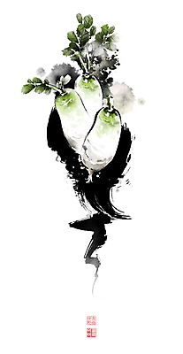 PSD 잎 채소 일러스트 캘리그라피 붓터치 사람없음 농작물 무 동양화 번짐 낙관 국내일러스트 식물 농업 뿌리채소 미술 파일형식 효과