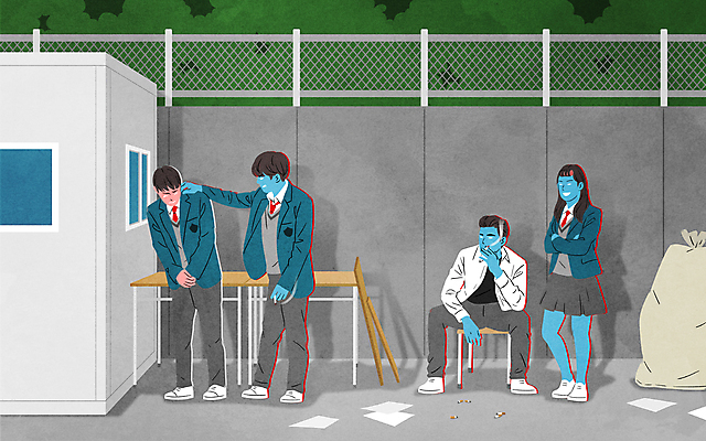 전신 PSD 학생 여자 남자 교복 의자 일러스트 학교 청소년 고등학생 흡연 담배 서기 들기 앉기 여러명 팔짱 쓰레기 학대 눈물 책상 불량학생 소각장 왕따 폭행 학교폭력 십대만 국내일러스트 옷 교육 감정 가구 다수 모션 사람 폭력 범죄 사회이슈 파일형식