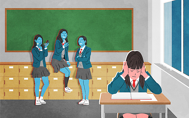 전신 PSD 학생 여자 교복 일러스트 창문 교실 학교 청소년 고등학생 서기 들기 앉기 여러명 상반신 화장 팔짱 칠판 가리킴 귀막기 사물함 학대 책상 따돌림 불량학생 왕따 팩트 학교폭력 십대여자만 국내일러스트 옷 교육 가구 다수 모션 사람 손짓 뷰티 화장품 폭력 사회이슈 여자만 십대만 파일형식