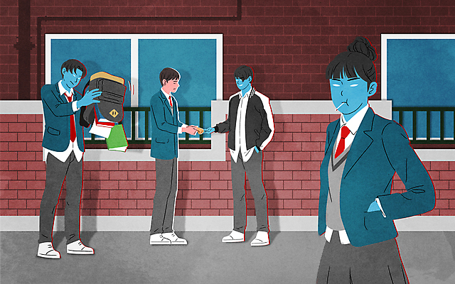 전신 PSD 학생 여자 남자 교복 일러스트 창문 청소년 고등학생 책가방 담배 서기 들기 여러명 상반신 담장 골목길 절도 학대 주머니손 불량학생 왕따 학교폭력 십대만 국내일러스트 옷 길 다수 가방 모션 사람 폭력 범죄 사회이슈 파일형식